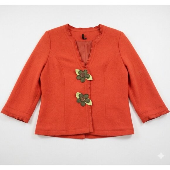 Ambition Rust Orange Reddish Orange Wool Blend Floral Button Jacket Sz M Granny - Picture 2 of 7